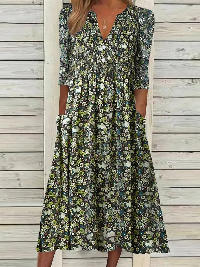 Fashion V Neck Short Sleeve Floral Midi Dress
