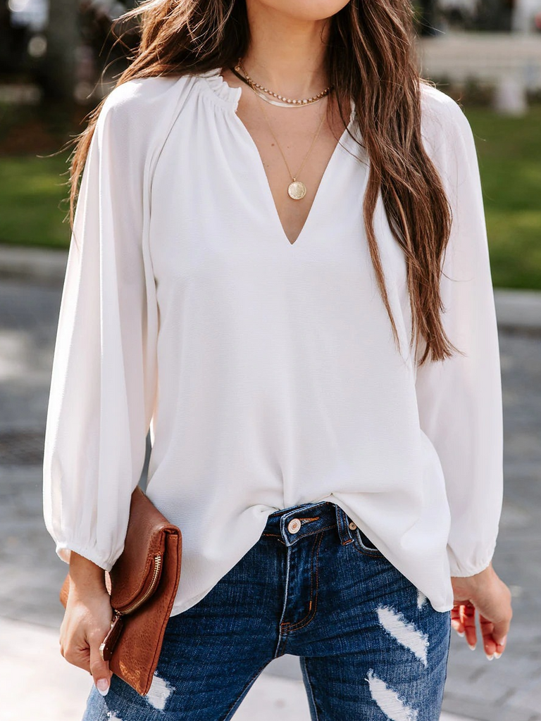 Loose V Neck Long Sleeve Plain Fashion Regular Blouse