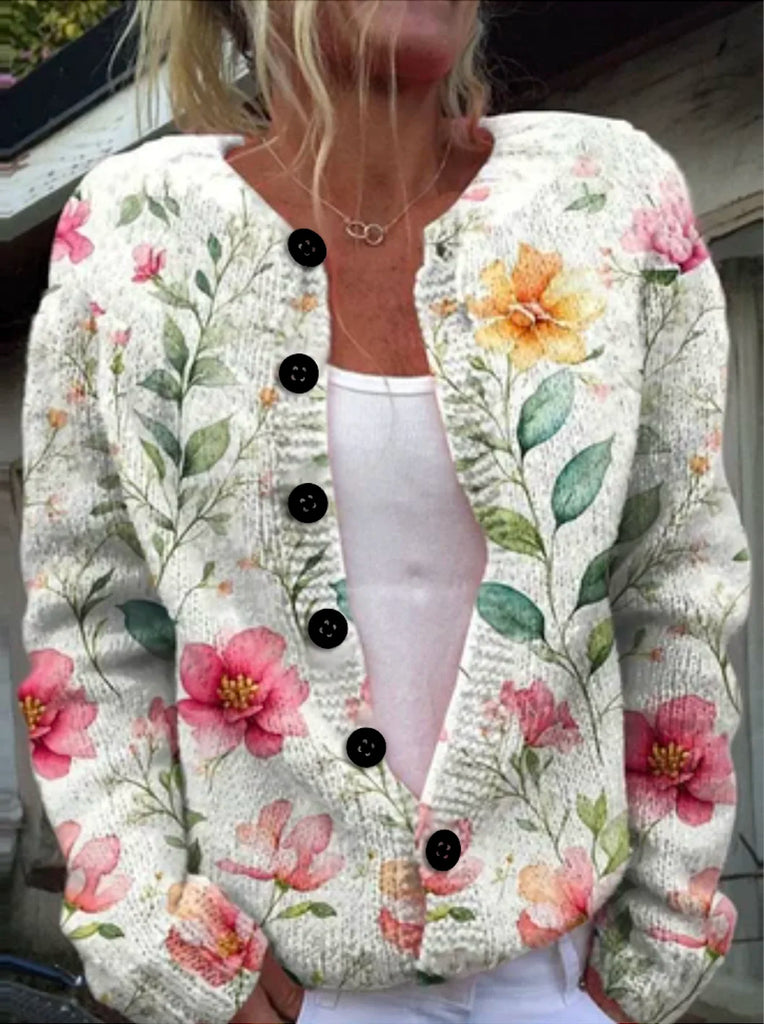 Crew Neck Long Sleeve Plants Fashion Regular Cardigan