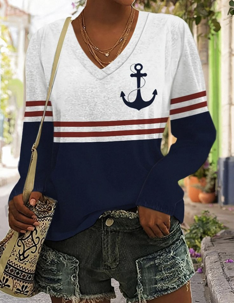 V Neck Long Sleeve Multicolor Block Vintage Regular T-Shirt