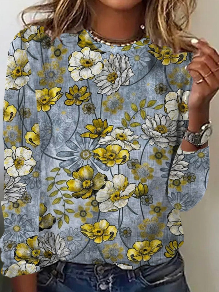 Casual Crew Neck Long Sleeve Floral Fashion Regular T-Shirt
