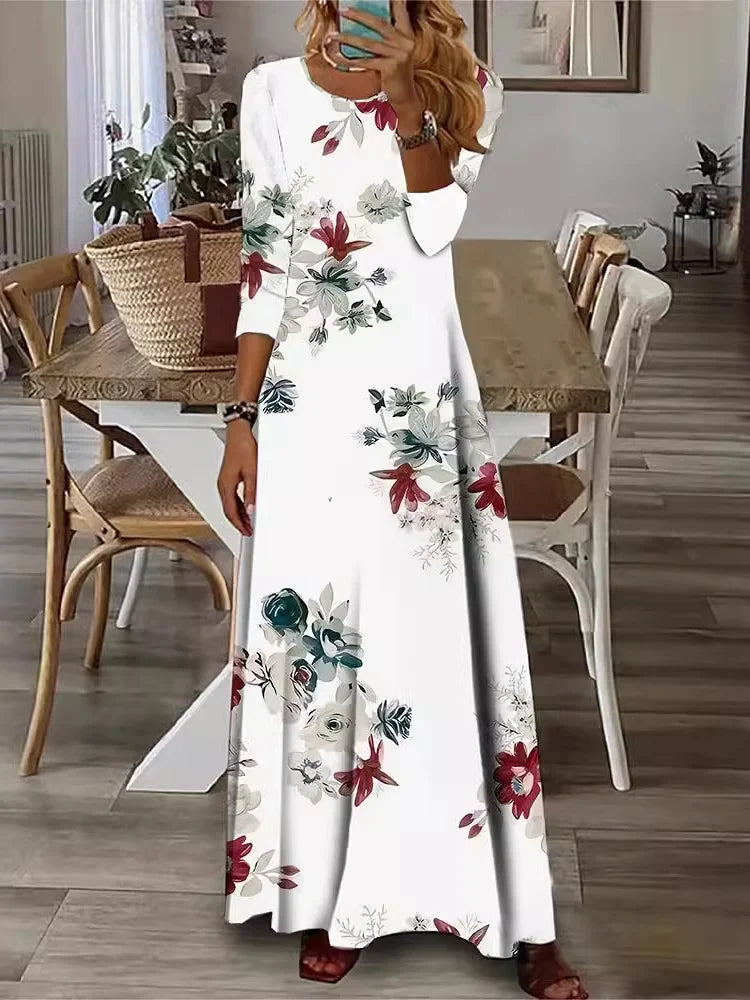 Fashion Crew Neck Long Sleeve Floral Maxi Dress