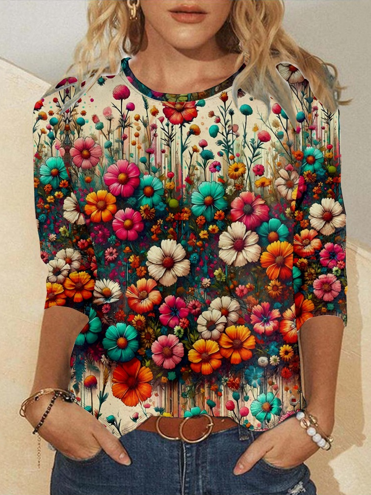 Fashion Crew Neck Long Sleeve Floral Casual Regular T-Shirt