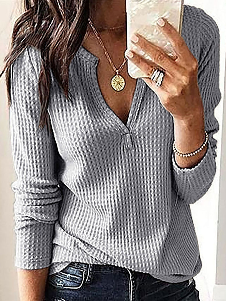 Fashion V Neck Long Sleeve Plain Loose Regular Blouse