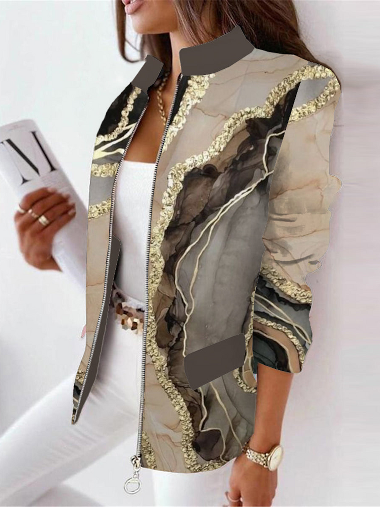 Loose Stand Collar Long Sleeve Abstract Graphic Zipper Fashion Mid-Long Jacket