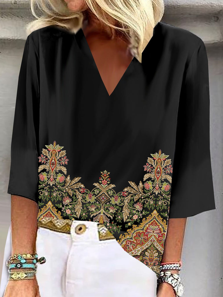 Fashion 3/4 Sleeve V Neck Ethnic Floral Loose Regular Blouse