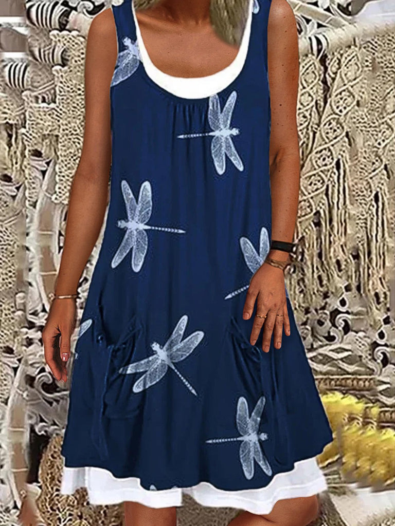 Fashion Sleeveless Crew Neck Dragonfly Knee Length Midi Dress