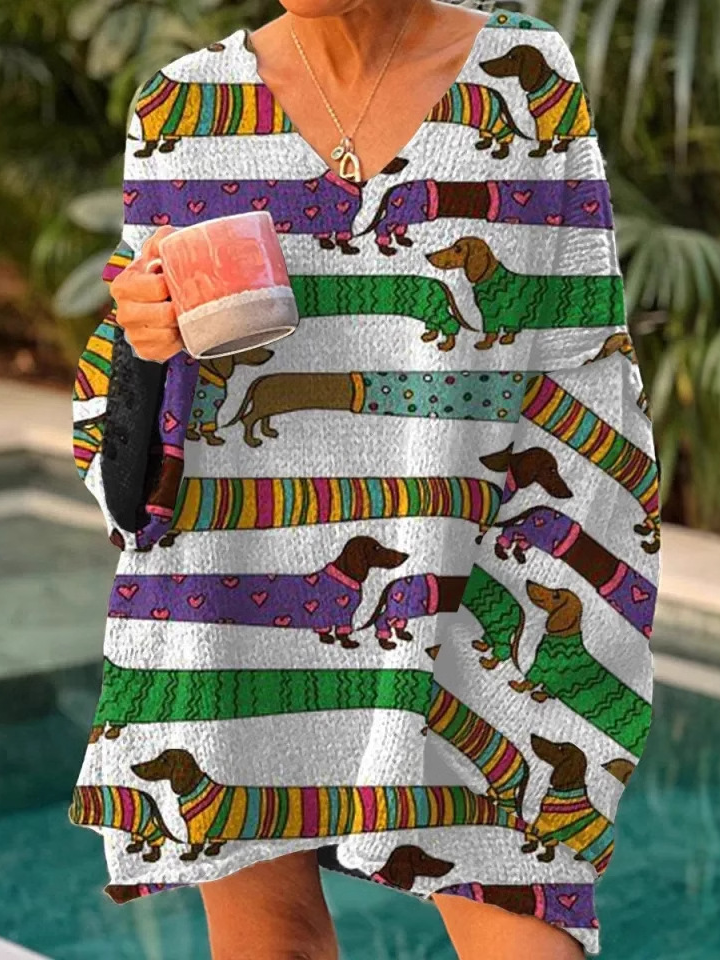 Fashion V Neck Long Sleeve Ethnic Floral Christmas Loose Mid-Long Sweatshirt