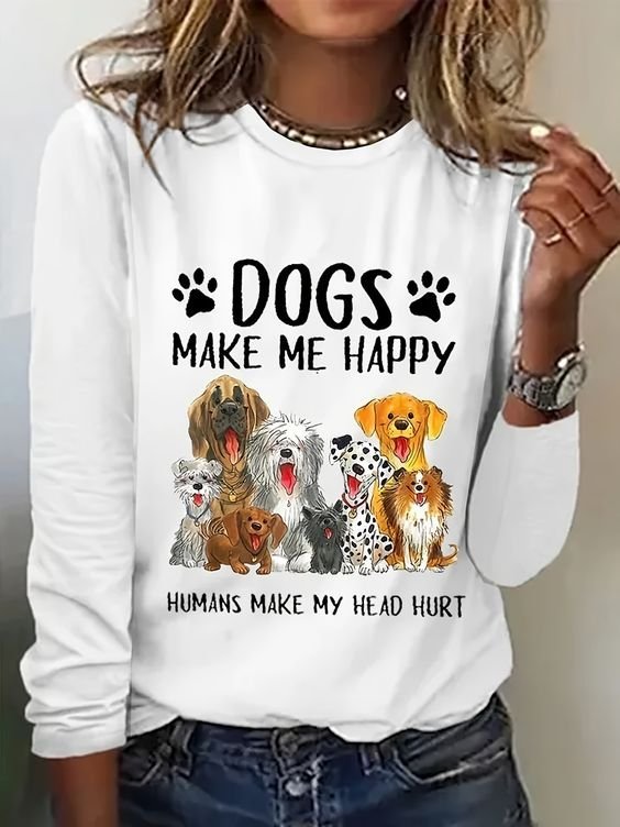 Loose Crew Neck Long Sleeve Dog Fashion Regular T-Shirt