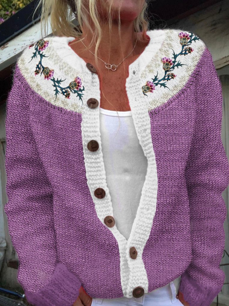 Loose Stand Collar Long Sleeve Floral Fashion Regular Cardigan