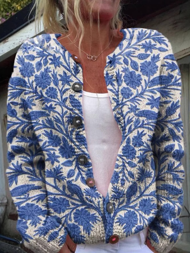 Loose Crew Neck Long Sleeve Floral Fashion Regular Jacket