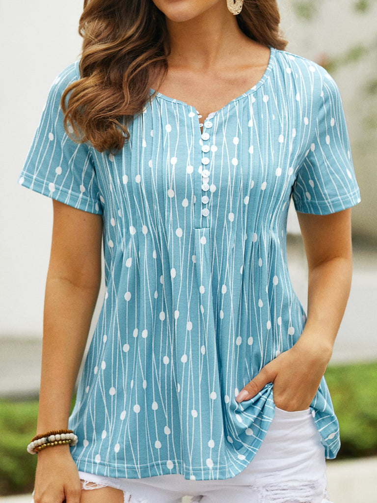 Loose Short Sleeve Notched Geometric Fashion Mid-Long T-Shirt