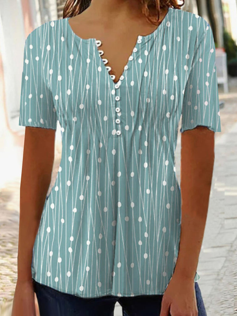 Loose Short Sleeve Notched Geometric Fashion Mid-Long T-Shirt