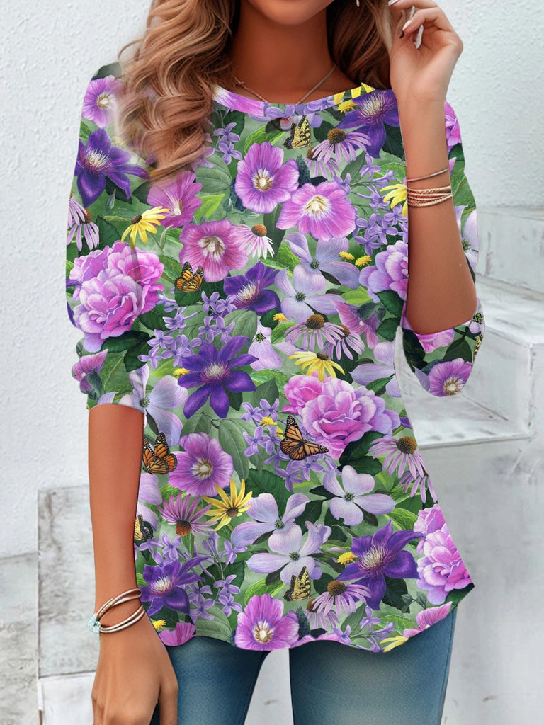 Fashion Crew Neck Long Sleeve Floral Casual Regular T-Shirt