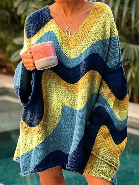 Loose V Neck Long Sleeve Ethnic Floral Christmas Zipper Fashion Mid-Long Sweatshirt