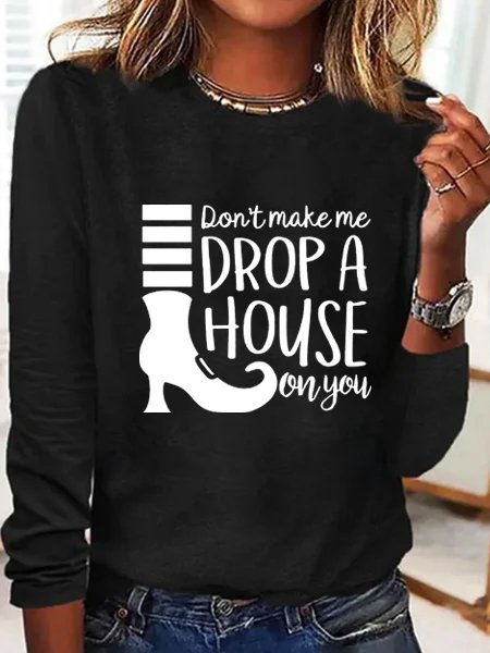 Loose Crew Neck Long Sleeve Text Letters Fashion Regular T-Shirt