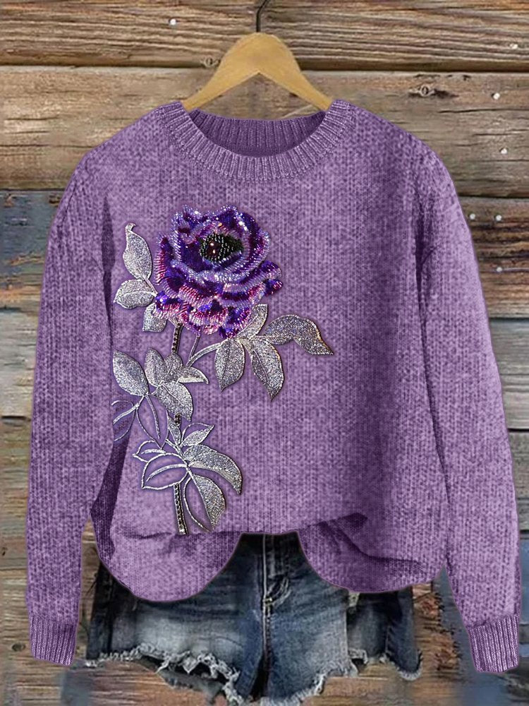 Simple Crew Neck Long Sleeve Maple Leaf Loose Regular Sweater