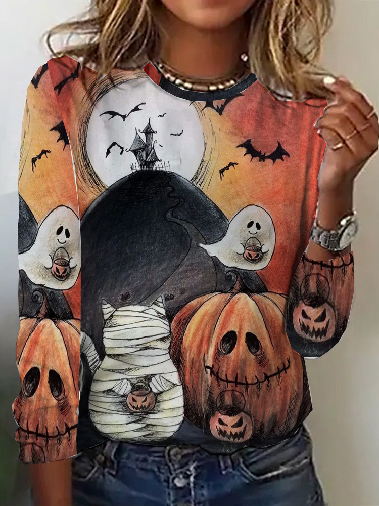 Fashion Crew Neck Long Sleeve Halloween Casual Regular T-Shirt