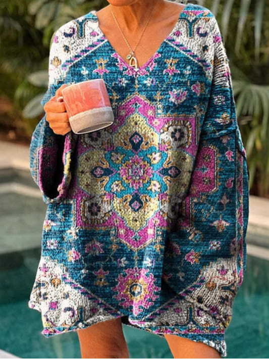 Loose V Neck Long Sleeve Floral Fashion Mid-Long Sweatshirt