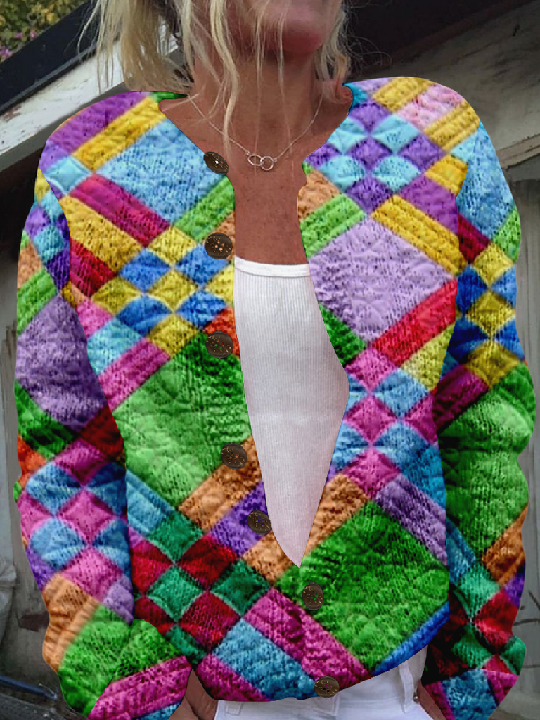 Loose Crew Neck Long Sleeve 3D Printing Plaid Fashion Regular Cardigan
