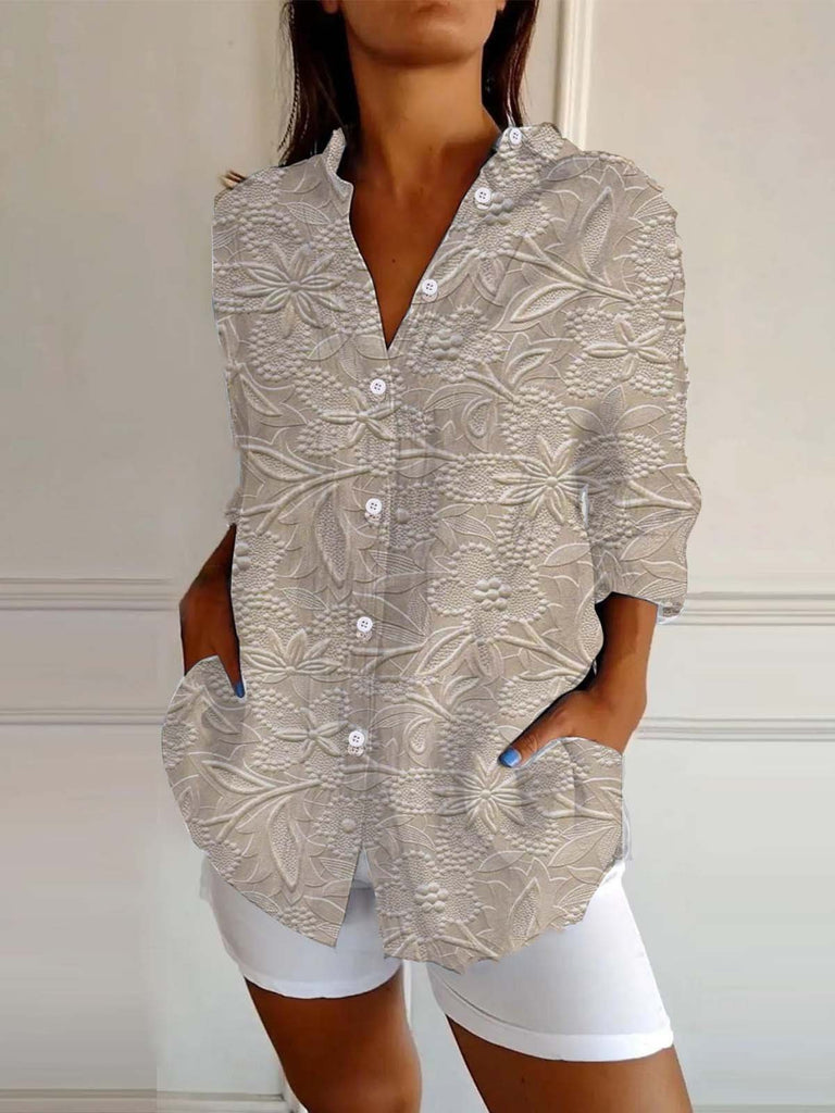Vintage Long Sleeve Shirt Collar 3D Printing Loose Regular Shirt