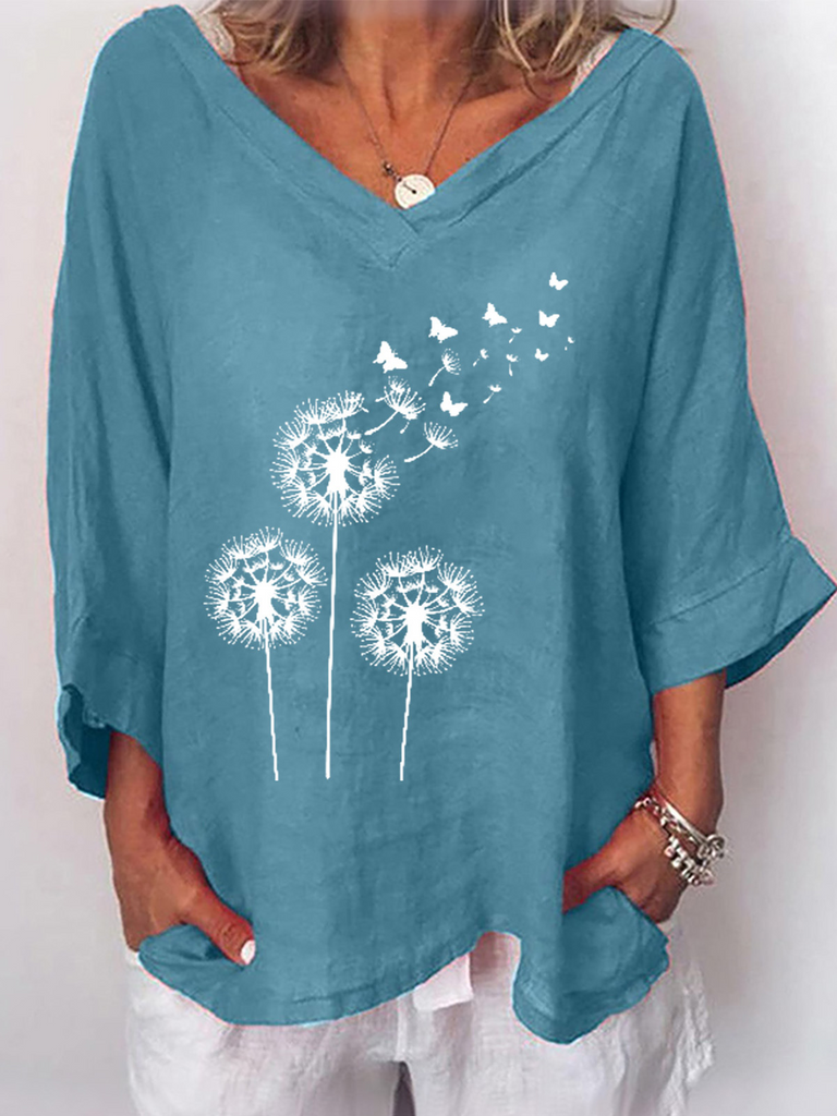 Fashion V Neck Long Sleeve Dandelion Loose Regular Blouse