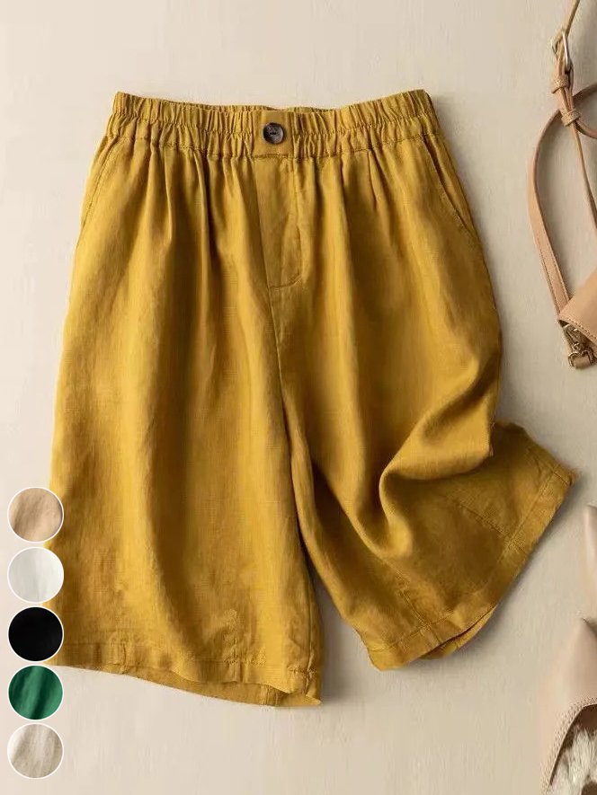 Fashion Plain Buckle Pocket Stitching Loose Shorts