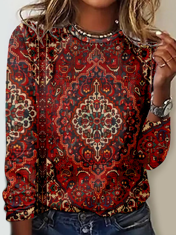 Casual Crew Neck Long Sleeve Ethnic Fashion Regular T-Shirt