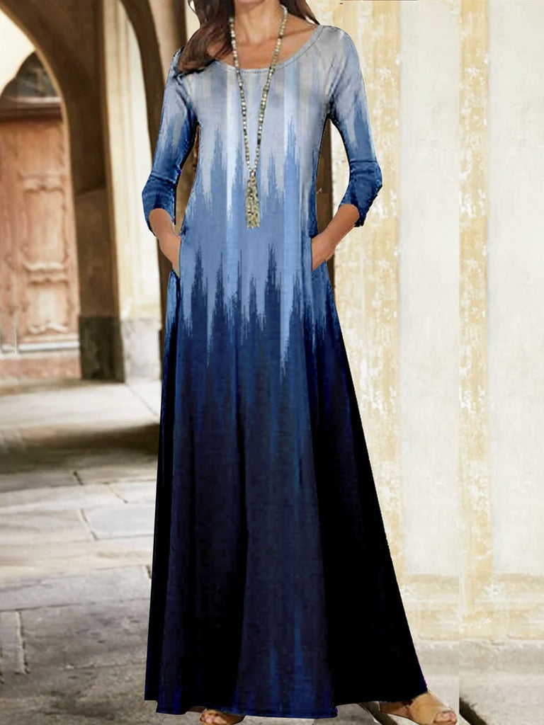 Fashion Crew Neck Long Sleeve Ombre Loose Maxi Dress