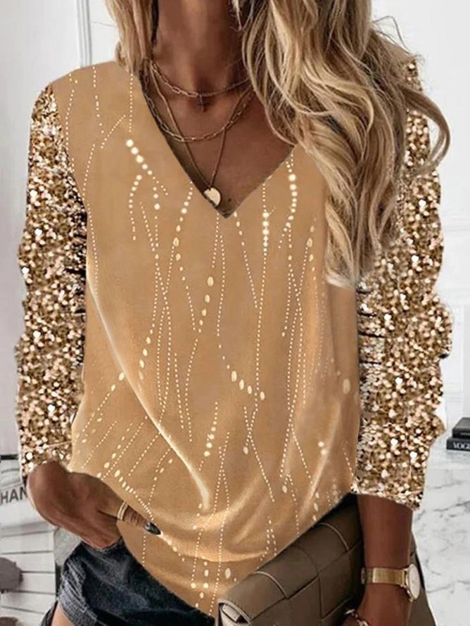 Fashion V Neck Long Sleeve Plain Glitter Loose Regular Blouse