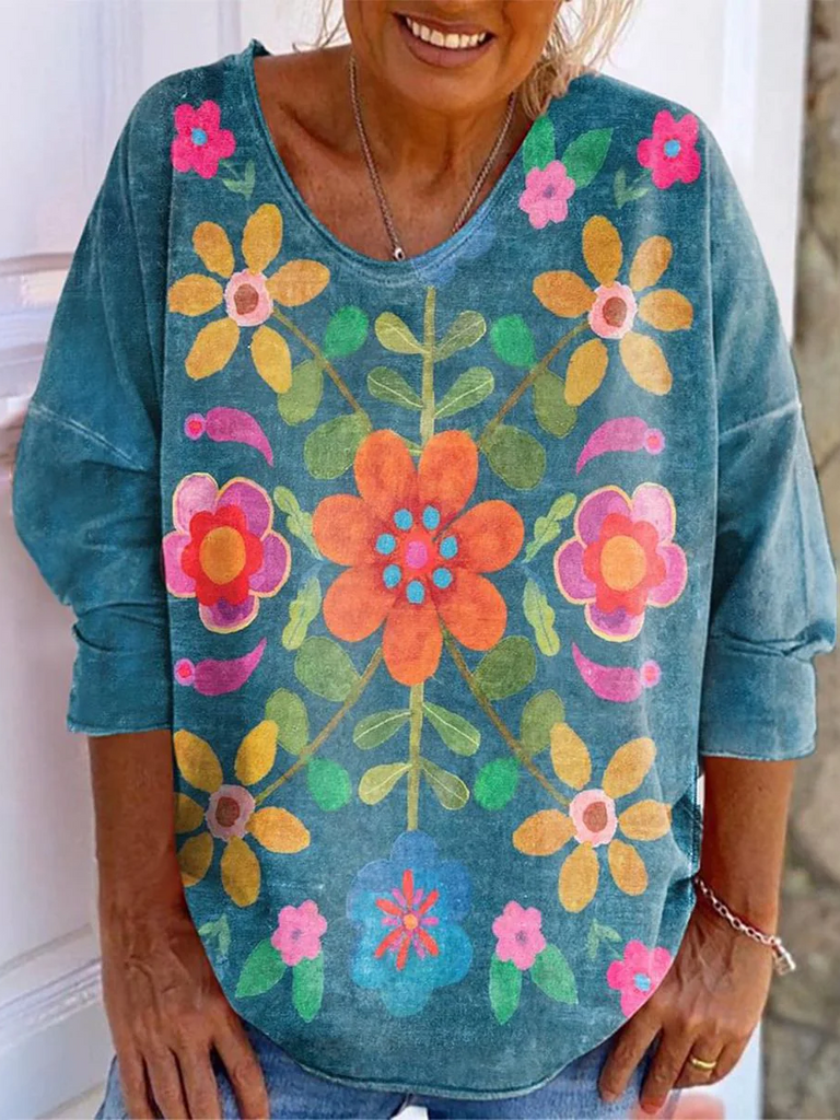 Fashion Crew Neck Long Sleeve Ethnic Floral Casual Regular T-Shirt