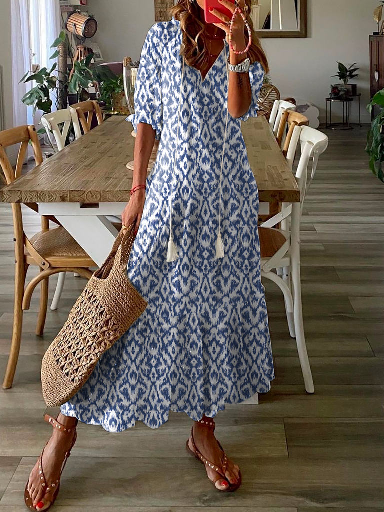 Fashion V Neck Short Sleeve Floral Loose Maxi Dress