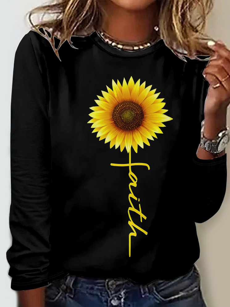 Casual Crew Neck Long Sleeve Floral Fashion Regular T-Shirt