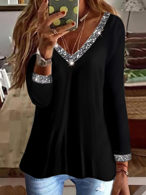 V Neck Long Sleeve Solid Glitter Basics Regular T-Shirt