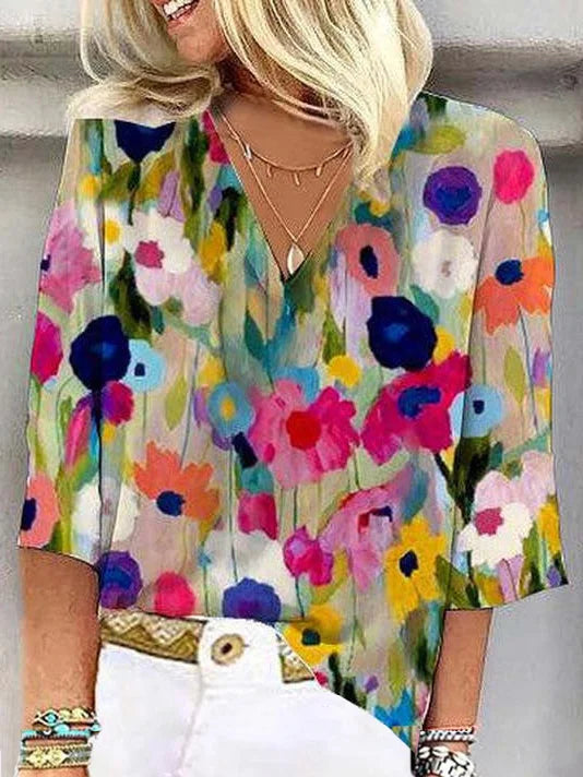 Loose 3/4 Sleeve V Neck Floral Fashion Regular Blouse