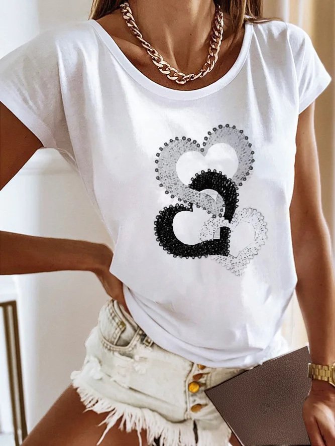 Fashion Short Sleeve Crew Neck Heart/Cordate Loose Regular T-Shirt