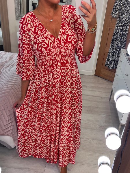 Fashion 3/4 Sleeve V Neck Ethnic Maxi Dress