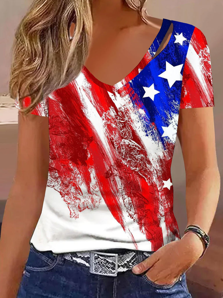 Loose V Neck Short Sleeve America Flag Fashion Regular Blouse