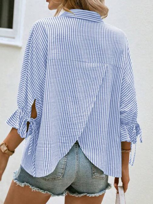 Loose 3/4 Sleeve Shawl Collar Striped Cross Fashion Regular Blouse