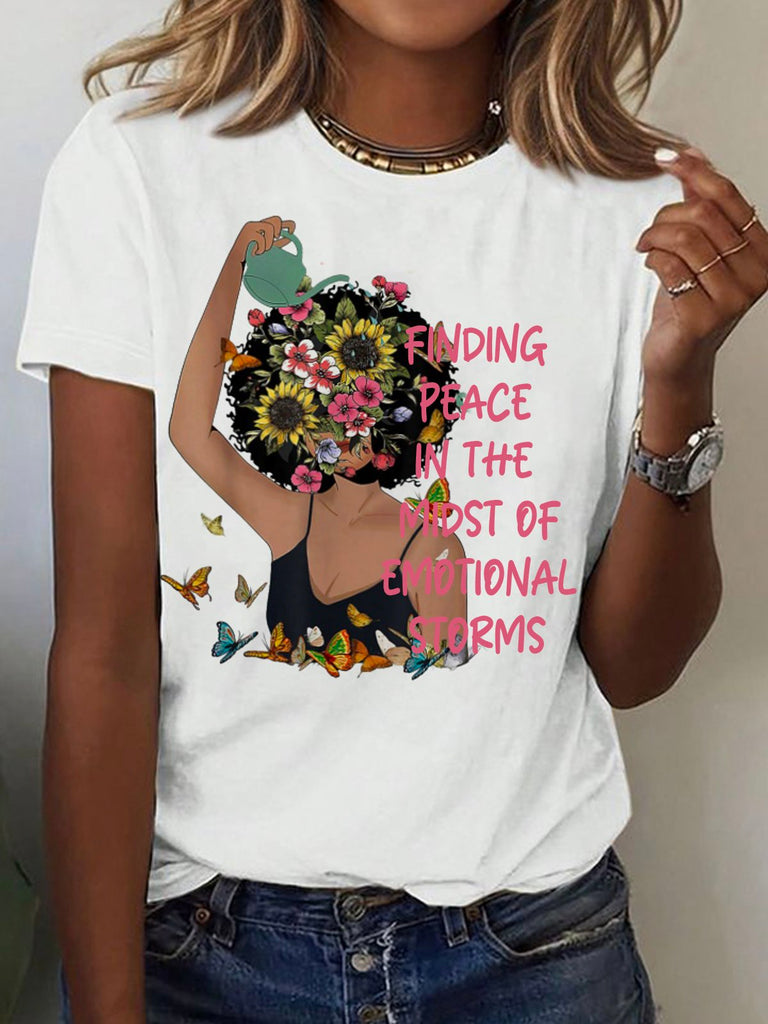 Casual Short Sleeve Crew Neck Text Letters Floral Fashion Regular T-Shirt