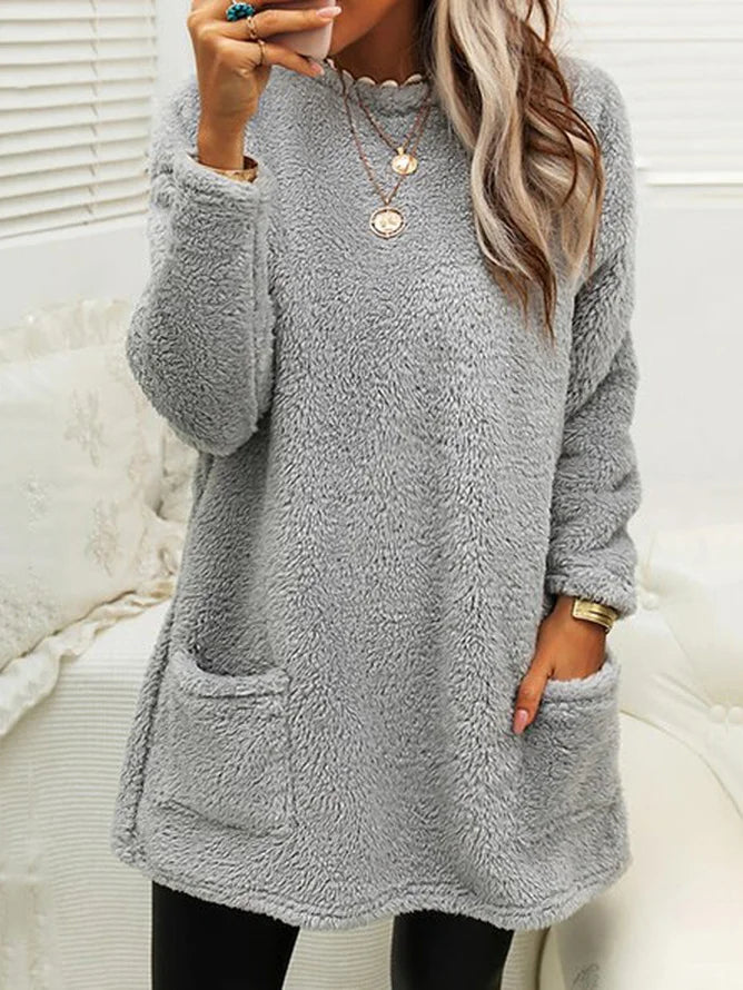 Fashion Crew Neck Long Sleeve Plain Loose Short Dress