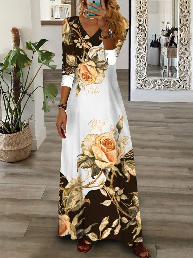 Fashion V Neck Long Sleeve Floral Loose Maxi Dress