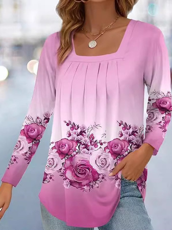 Fashion Long Sleeve Square Neck Floral Regular Blouse