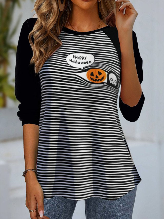 Fashion Crew Neck Long Sleeve Striped Loose Regular Blouses