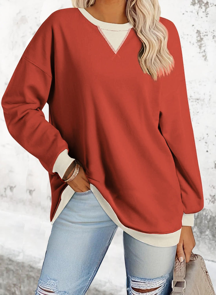Loose V Neck Long Sleeve Contrast Stitching Fashion Mid-Long Sweatshirt