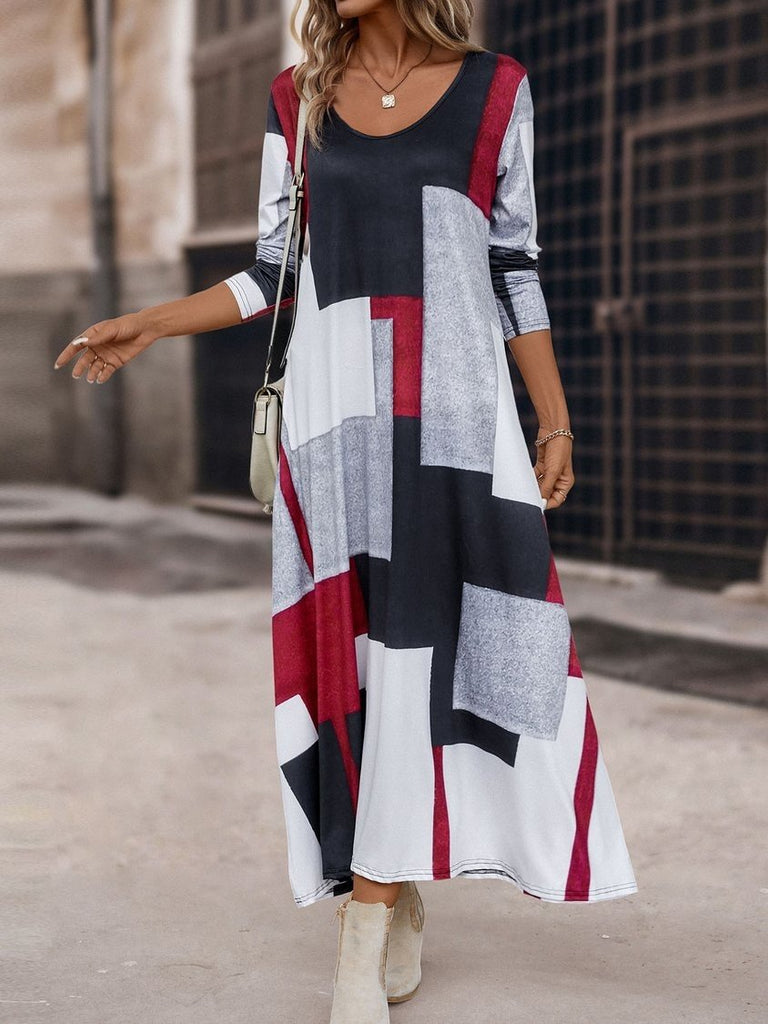 Fashion Crew Neck Long Sleeve Color Block Maxi Dress