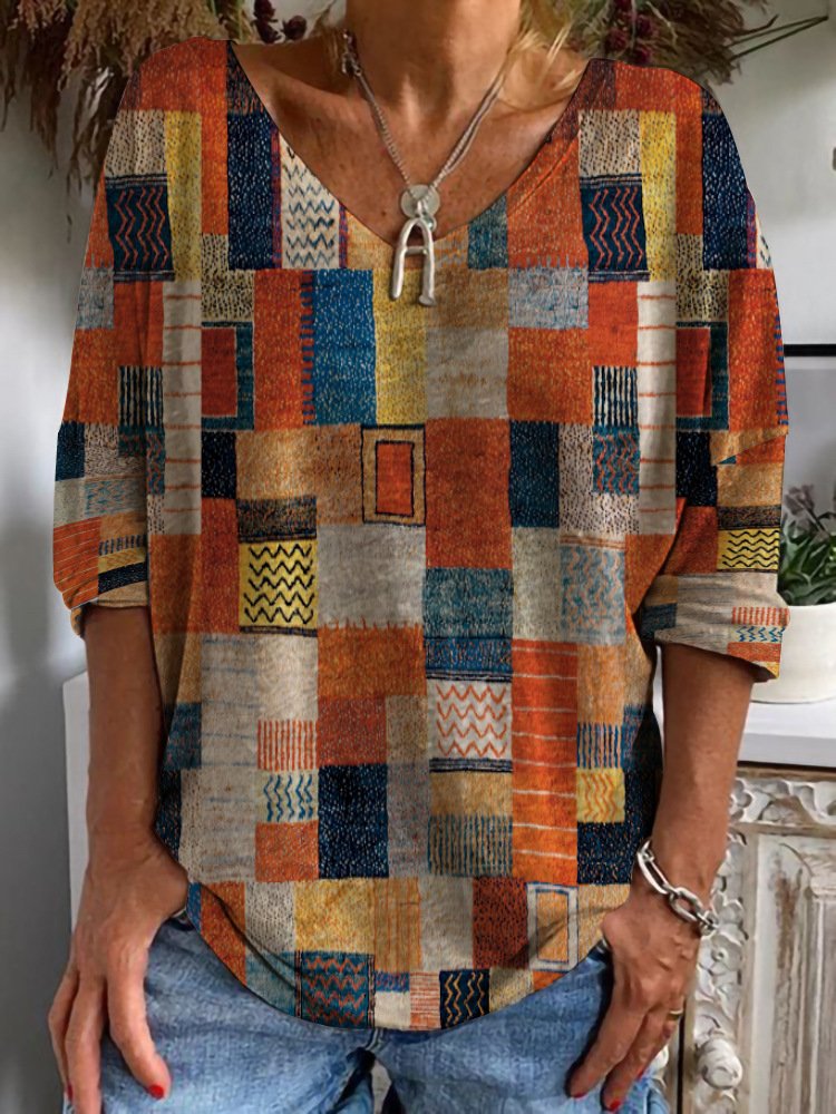 Casual V Neck Long Sleeve Geometric Fashion Regular T-Shirt