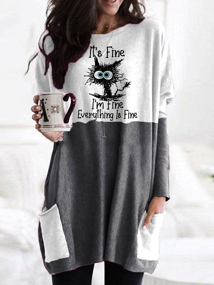 Casual Crew Neck Long Sleeve Cat Fashion Mid-Long T-Shirt