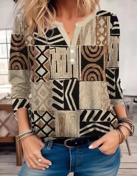 Loose Long Sleeve Notched Ethnic Fashion Regular Blouse