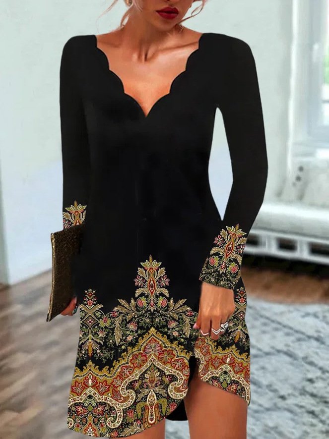 Fashion V Neck Long Sleeve Ethnic Midi Dress